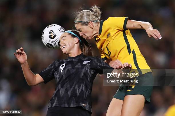 Alanna Kennedy of Australia collides with Gabi Rennie of New Zealand competing for a header during the International womens friendly match between...