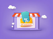 Discount. Store special offers advertisement. Markdown program, loyalty program, promotional mix metaphors. 3D Web Vector Illustrations.