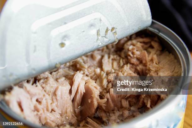 canned tuna - estaño fotografías e imágenes de stock