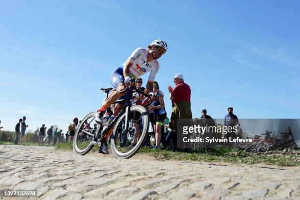 Daniel Oss of Italy and Team Total Energies competes in "Pont-Thibault" cobblestones sector of 119th Paris-Roubaix 2022 - Men's Elite on April 17,...