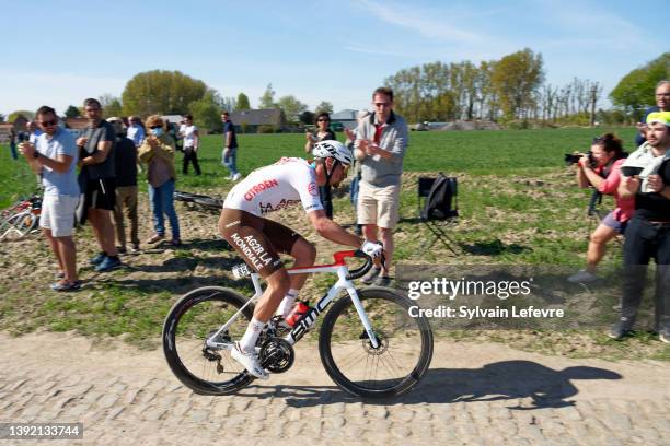 Antoine Raugel of France and AG2R Citröen Team competes in "Pont-Thibault" cobblestones sector of 119th Paris-Roubaix 2022 - Men's Elite on April 17,...