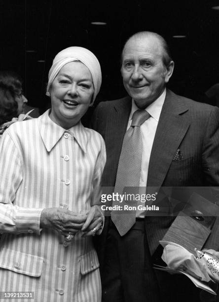 Actress Rosalind Russell and husband Frederick Brisson attend Straw Hat Awards on May 29, 1975 at Tavern on the Green in New York City.