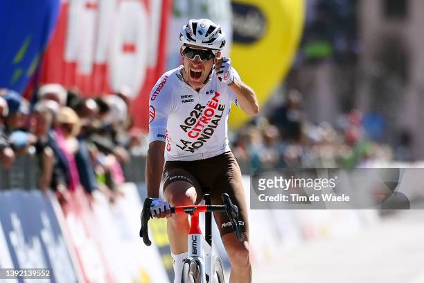 Geoffrey Bouchard of France and AG2R Citroen Team celebrates winning during the 45th Tour of the Alps 2022 - Stage 1 a 160,9km stage from Cles to...