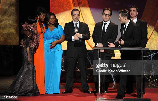 Actresses Cicely Tyson, Viola Davis, Octavia Spencer, producers Michael Barnathan, Chris Columbus Brunson Green, and Tate Taylor accept the award for...