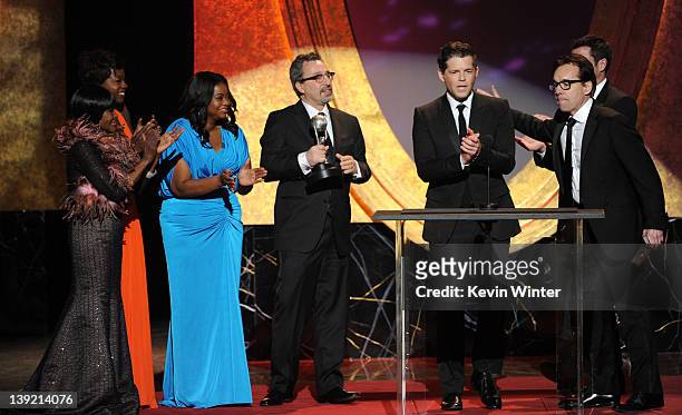 Actresses Cicely Tyson, Viola Davis, Octavia Spencer, producers Michael Barnathan, Brunson Green, Chris Columbus and Tate Taylor accept the award for...
