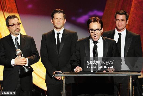 Producers Michael Barnathan, Nate Berkus and Chris Columbus and writer/director Tate Taylor speak onstage at the 43rd NAACP Image Awards after party...