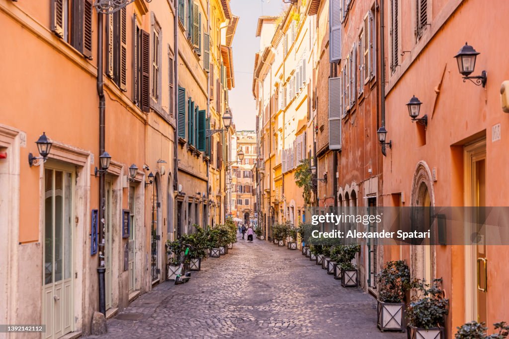 Cobbled street in Rome on a sunny day, Lazio, Italy