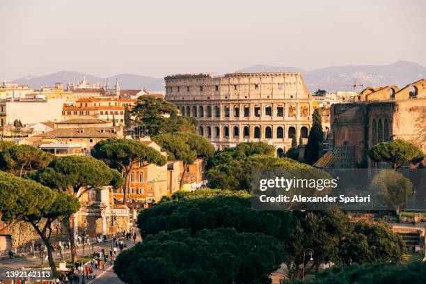 rome skyline with coliseum, aerial view, lazio, italy - rome stock-fotos und bilder