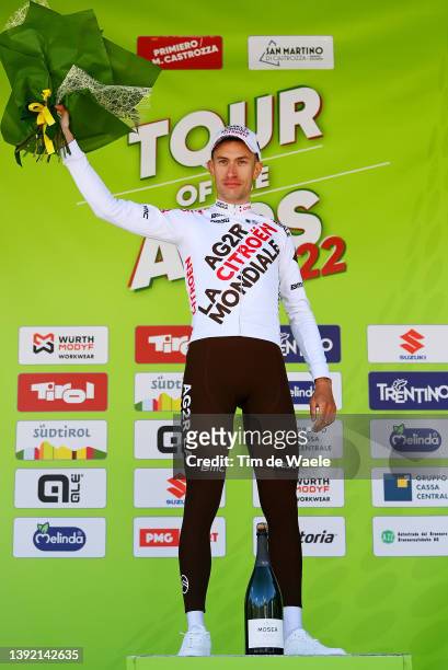 Geoffrey Bouchard of France and AG2R Citroen Team celebrates winning the stage one on the podium ceremony after the 45th Tour of the Alps 2022 -...