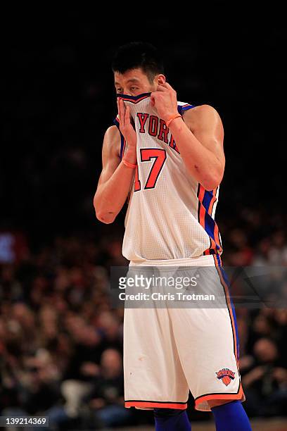 Jeremy Lin of the New York Knicks on the court against the New Orleans Hornets at Madison Square Garden on February 17, 2012 in New York City. NOTE...