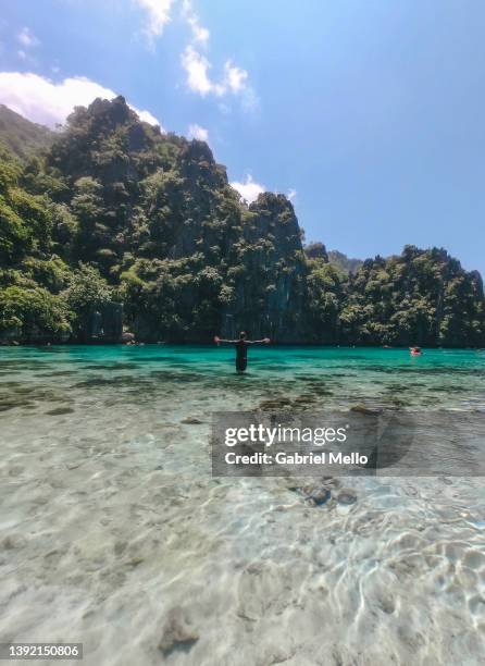 rear view of man standing with arms wide open with big rock formations in the front - private island stock pictures, royalty-free photos & images