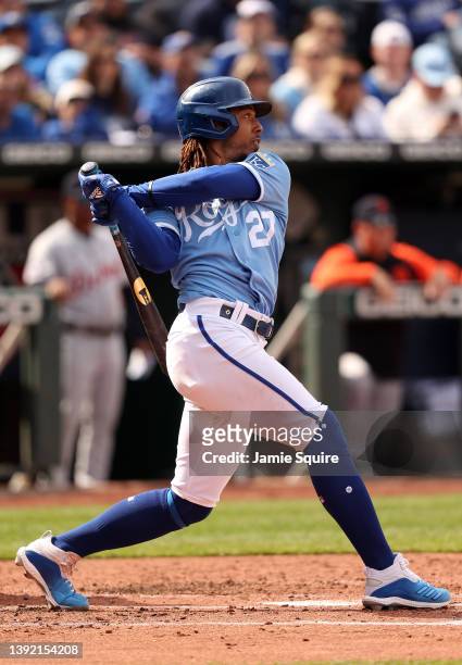 Adalberto Mondesi of the Kansas City Royals bats during the 1st inning of the game against the Detroit Tigers at Kauffman Stadium on April 16, 2022...