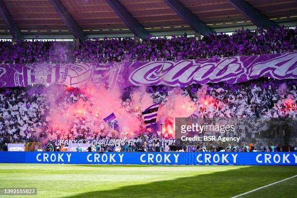 General interior overview with fans and supporters of RSC Anderlecht during the Croky Cup Final match between KAA Gent and RSC Anderlecht at the...