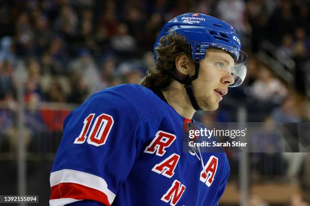 Artemi Panarin of the New York Rangers looks on during the first period against the Detroit Red Wings at Madison Square Garden on April 16, 2022 in...