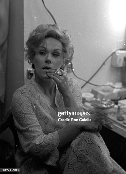 Actress Tammy Grimes backstage at the opening of "The Only Game In Town" on May 20, 1968 at the Broadhurst Theater in New York City.