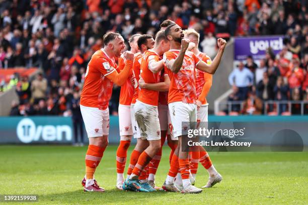 Hamilton of Blackpool celebrates after Jerry Yates of Blackpool scores their side's fifth goal during the Sky Bet Championship match between...