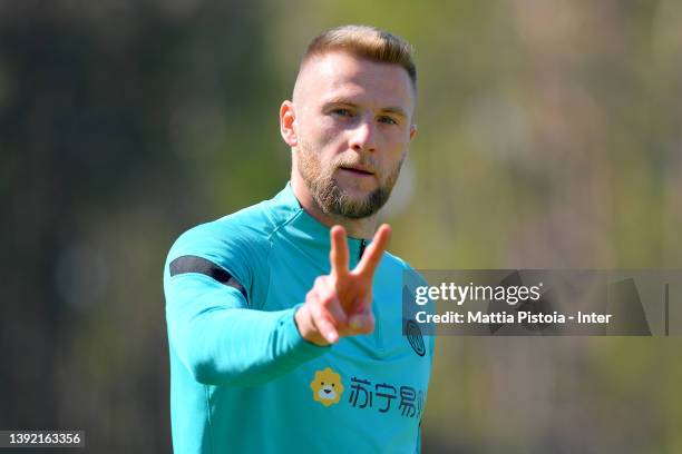 Milan Skriniar of FC Internazionale during the FC Internazionale training session at the club's training ground Suning Training Center at Appiano...