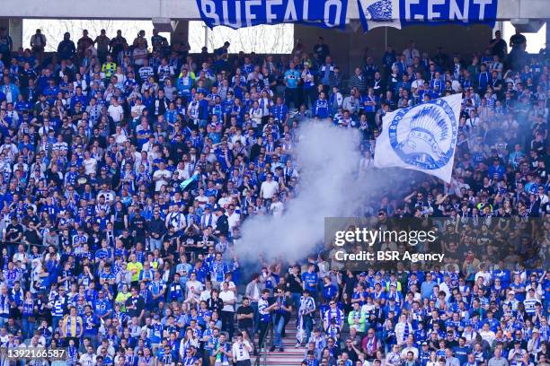 Fans and supporters of KAA Gent during the Croky Cup Final match between KAA Gent and RSC Anderlecht at the Koning Boudewijnstadion on April 18, 2022...