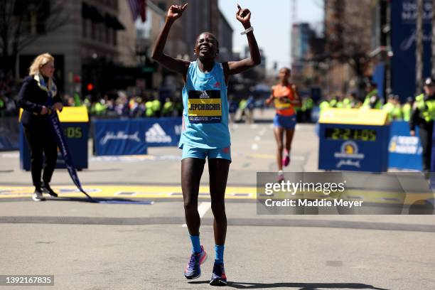 Peres Jepchirchir of Kenya crosses the finish line to take first place in the professional women's division during the 126th Boston Marathon on April...