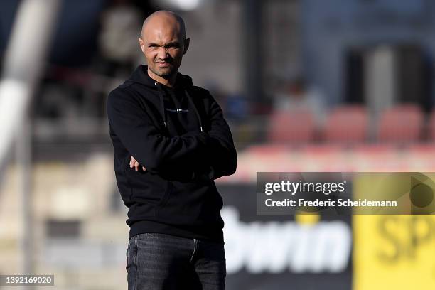 Sofian Chahed, Head Coach of 1. FFC Turbine Potsdam, looks on prior to kick off of the Women's DFB Cup semi final match between Bayer 04 Leverkusen...