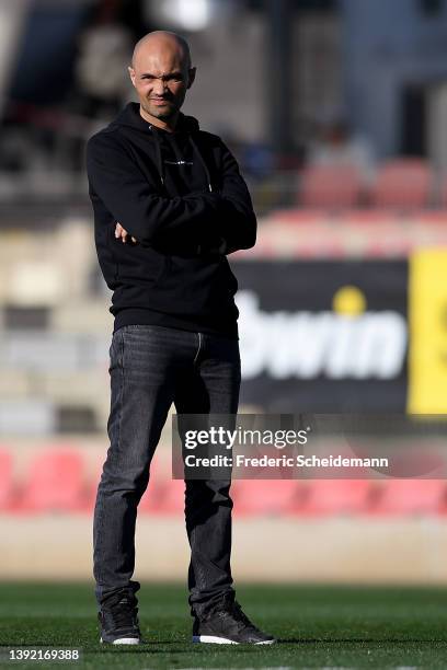 Sofian Chahed, Head Coach of 1. FFC Turbine Potsdam, looks on prior to kick off of the Women's DFB Cup semi final match between Bayer 04 Leverkusen...