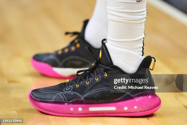 Detail of Jimmy Butler of the Miami Heat shoes against the Atlanta Hawks during the third quarter in Game One of the Eastern Conference First Round...