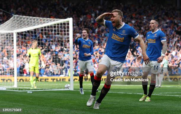 Scott Arfield of Rangers celebrates after scoring their team's first goal during the Scottish Cup Semi Final match between Celtic FC and Rangers FC...