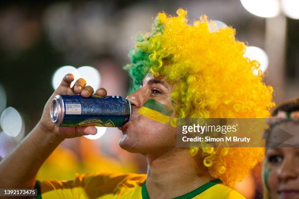 Brazilian Fan watching the World Cup Semi Final match between Brazil and Germany on Copacabana beach on July 9th, 2014 in Rio de Janeiro , Brazil.