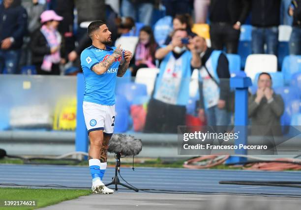 Lorenzo Insigne of Napoli interacts with the crowd as they celebrate scoring their side's first goal during the Serie A match between SSC Napoli and...