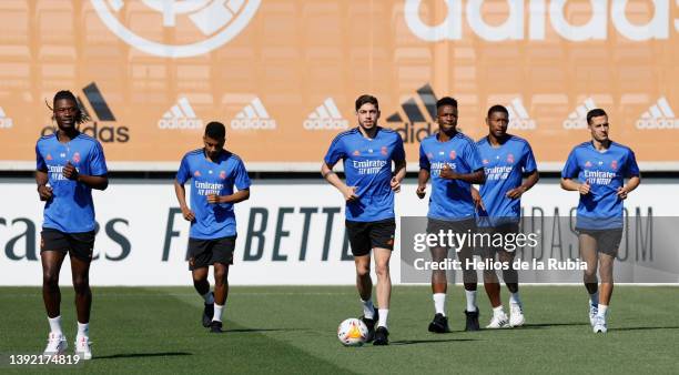 Real Madrid squad train at Valdebebas training ground on April 18, 2022 in Madrid, Spain.