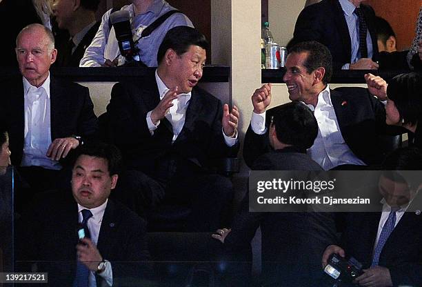 Chinese Vice President Xi Jinping , California Gov. Jerry Brown and Los Angeles Mayor Antonio Villaraigosa attend the Los Angeles Lakers and Phoenix...