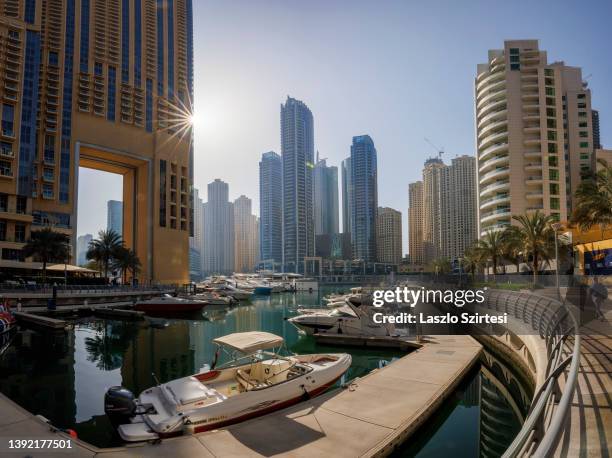 Boats are moored at Dubai Marina on April 8, 2022 in Dubai, United Arab Emirates.