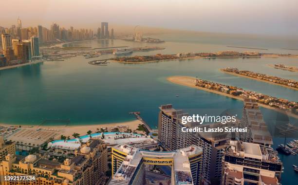 The Sun rises over the city at The Palm Jumeirah on April 10, 2022 in Dubai, United Arab Emirates.
