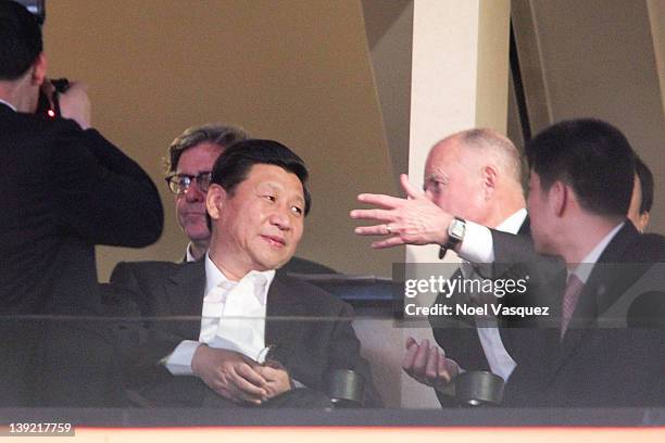 China vice president Xi Jinping and Jerry Brown attend a basketball game between the Phoenix Suns and the Los Angeles Lakers at Staples Center on...