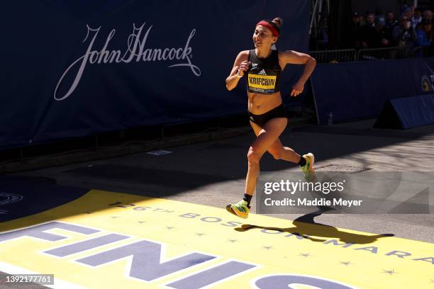 Maegan Krifchin of the United States cross the finish line during the 126th Boston Marathon on April 18, 2022 in Boston, Massachusetts.