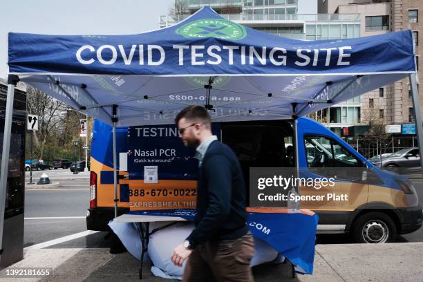 Covid-19 testing site stands on a Brooklyn street corner on April 18, 2022 in New York City. New York City's infection numbers have increased over...