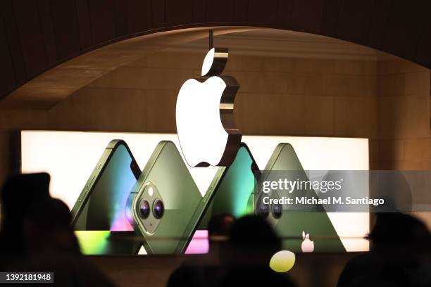 The Apple Store signage is seen at Grand Central Station on April 18, 2022 in New York City. Employees at the Apple Store at the Grand Central...