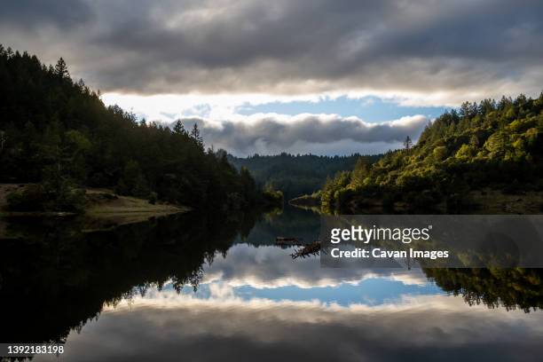green landscape and cloudy sky reflected in still waters of lake - fairfax stock pictures, royalty-free photos & images