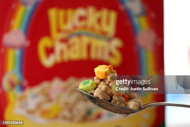 In this photo illustration, General Mills Lucky Charms cereal is displayed on April 18, 2022 in San Anselmo, California. The U.S. Food and Drug...