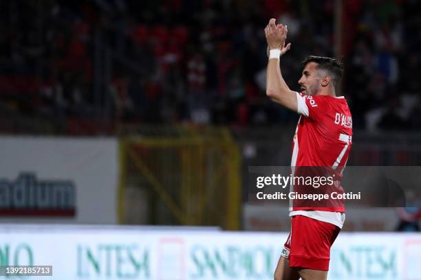 Marco D'Alessandro of AC Monza gestures during the Serie B match between AC Monza and Brescia Calcio at Stadio Brianteo on April 18, 2022 in Monza,...