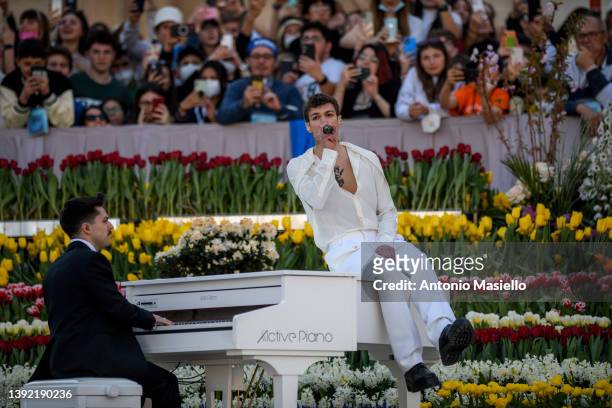 Italian singer Blanco sings during the Pilgrimage of Italian teenagers led by Pope Francis in St. Peter's Square on April 18, 2022 in Vatican City,...