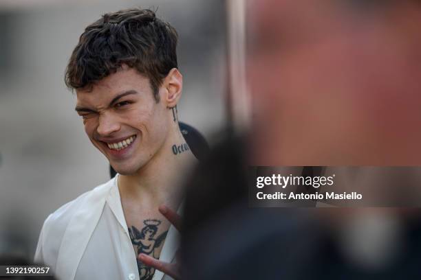 Italian singer Blanco attends the Pilgrimage of Italian teenagers led by Pope Francis in St. Peter's Square on April 18, 2022 in Vatican City,...