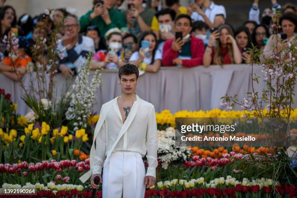 Italian singer Blanco sings during the Pilgrimage of Italian teenagers led by Pope Francis in St. Peter's Square on April 18, 2022 in Vatican City,...
