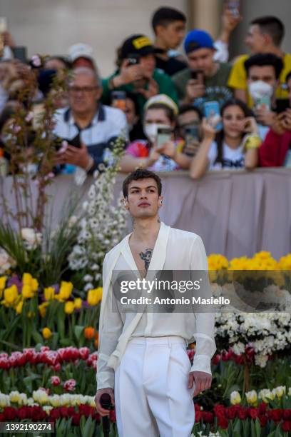 Italian singer Blanco sings during the Pilgrimage of Italian teenagers led by Pope Francis in St. Peter's Square on April 18, 2022 in Vatican City,...