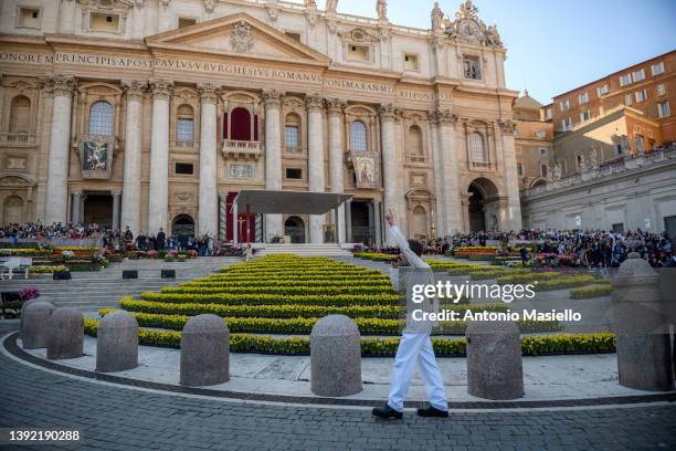 Italian singer Blanco sings during the Pilgrimage of Italian teenagers led by Pope Francis in St. Peter's Square on April 18, 2022 in Vatican City,...