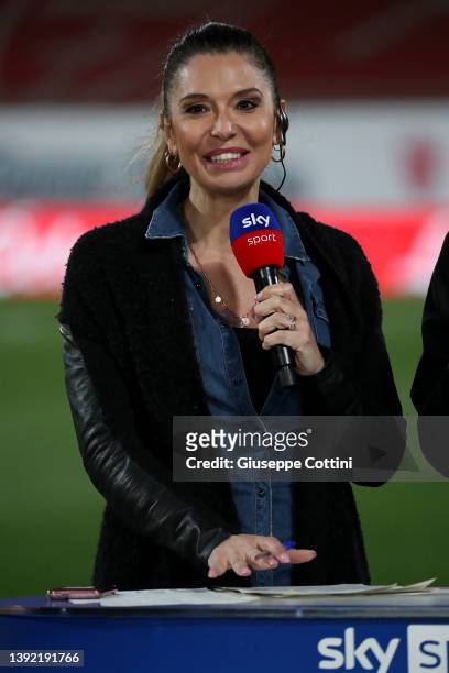 Marina Presello SKY TV journalist looks on during the Serie B match between AC Monza and Brescia Calcio at Stadio Brianteo on April 18, 2022 in...