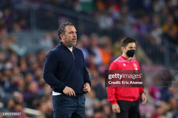 Sergio, Manager of Cadiz, looks on during the LaLiga Santander match between FC Barcelona and Cadiz CF at Camp Nou on April 18, 2022 in Barcelona,...