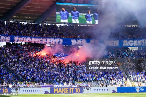 Fans and supporters of KAA Gent during the Croky Cup Final match between KAA Gent and RSC Anderlecht at the Koning Boudewijnstadion on April 18, 2022...