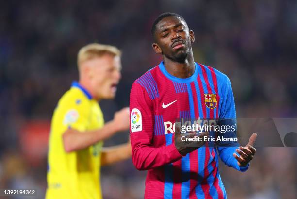 Ousmane Dembele of Barcelona reacts during the LaLiga Santander match between FC Barcelona and Cadiz CF at Camp Nou on April 18, 2022 in Barcelona,...