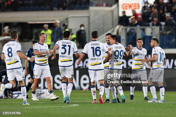 Federico Ceccherini of Hellas Verona celebrates scoring their side's first goal with teammates during the Serie A match between Atalanta BC and...